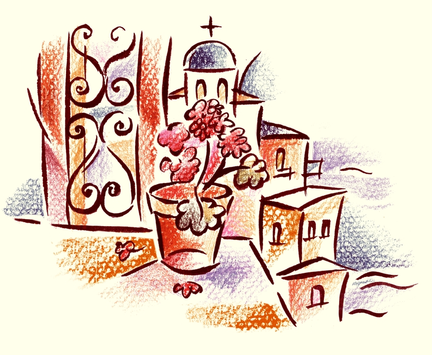 Flowers With Greek Buildings