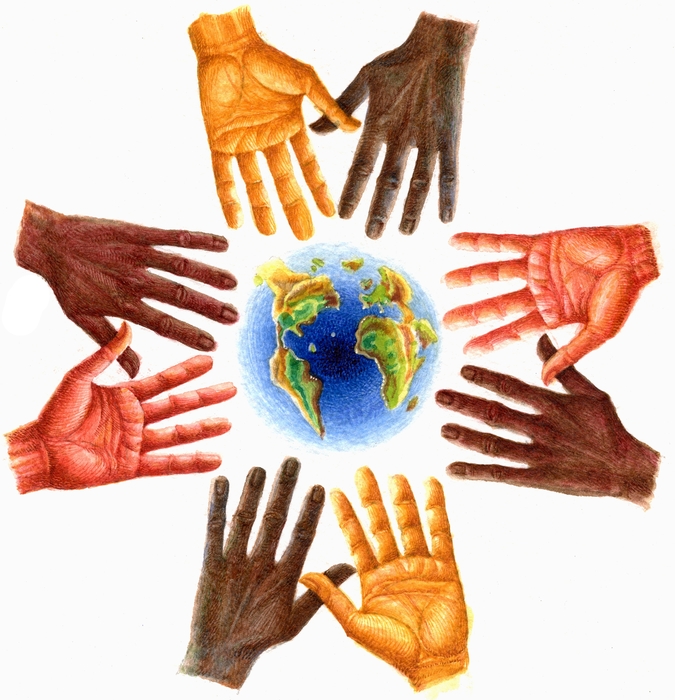 Hands of Mixed Races with Planet Earth