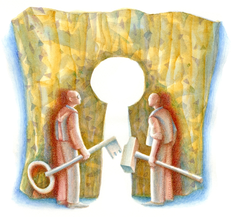 Two Men with Key and Hammer Look Through Keyhole