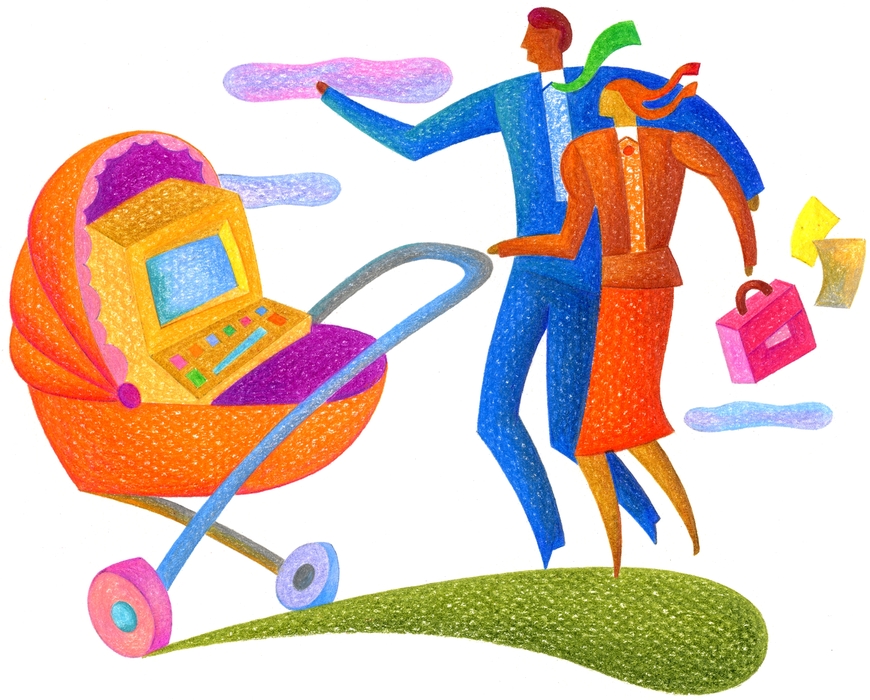 Family with Computer In Baby Carriage