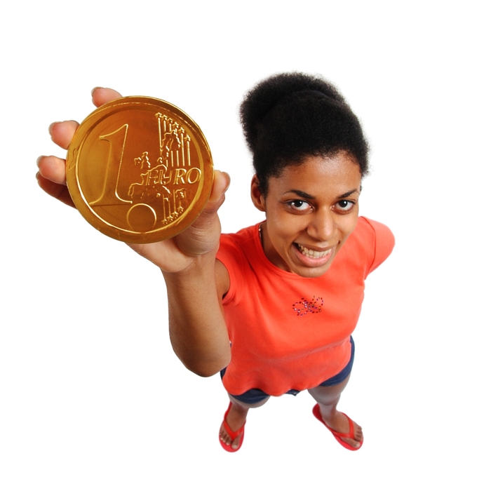 Woman Holding a Large Euro Coin