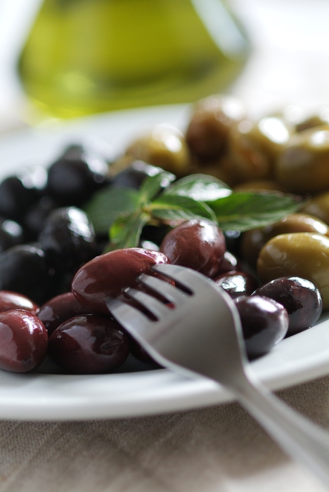 Assorted Fresh Olives with Basil Leaf