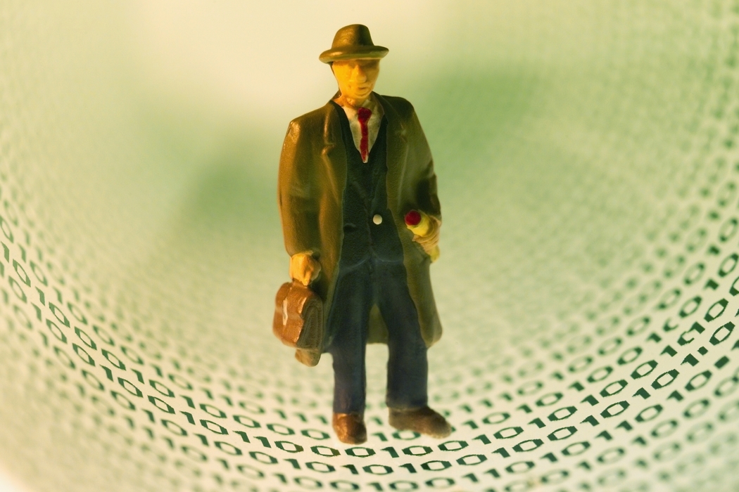 Toy People Businessman Standing in Digital Code