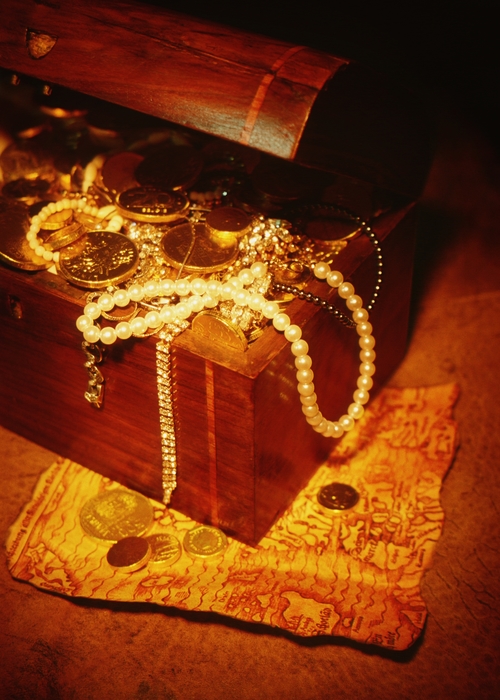 Treasure Chest with Gold Coins and Jewelry
