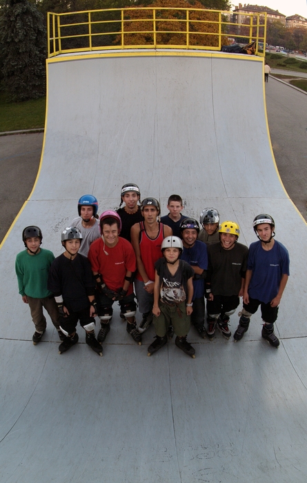 Bladers Rollerblading the Half-Pipe