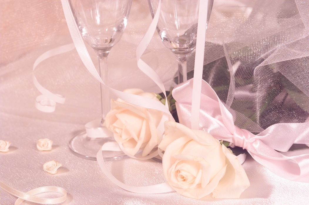 The Wedding Day:  Champagne Glasses with White Roses
