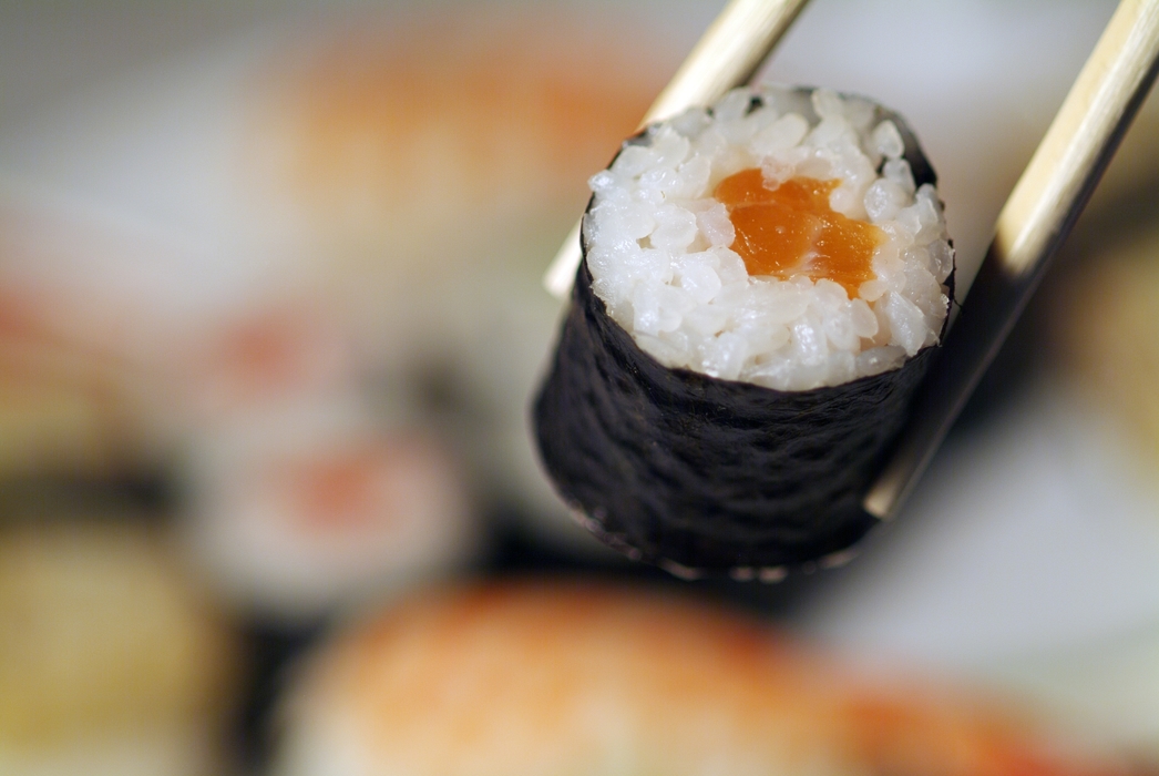 Salmon Sake Sushi with Chopsticks