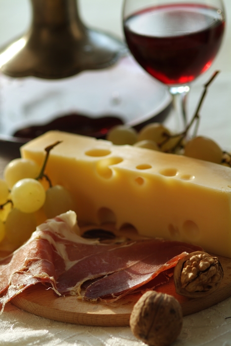 Swiss Cheese, Grapes, Wine, & Prosciutto