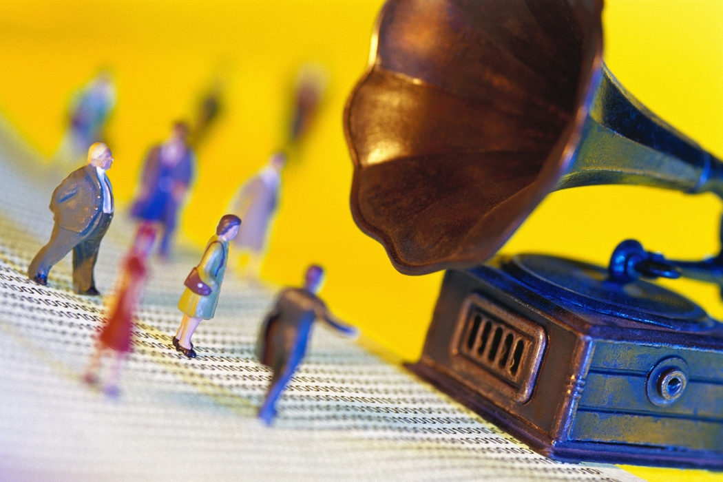 Toy People Gathered Around a Gramophone