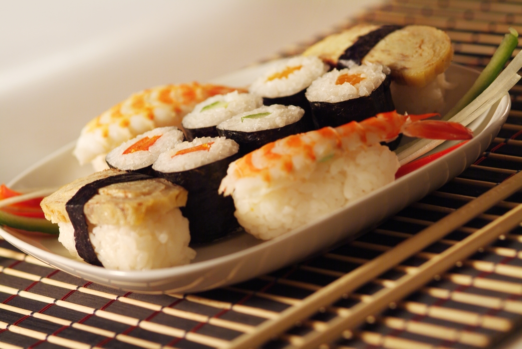 Shrimp, Cucumber, and Red Pepper Sushi with Chopsticks