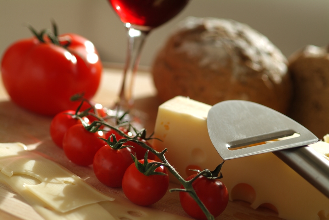 Swiss Cheese, Fresh Tomatoes, Bread & Wine
