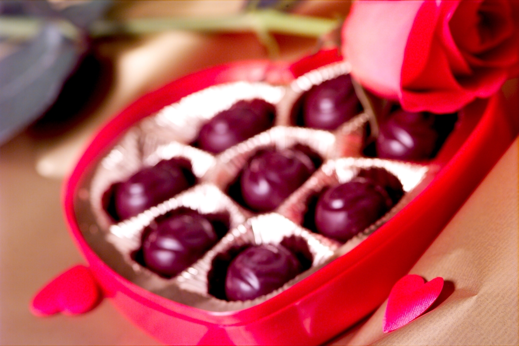 Valentines Day Chocolate Candy with Red Hearts and Rose