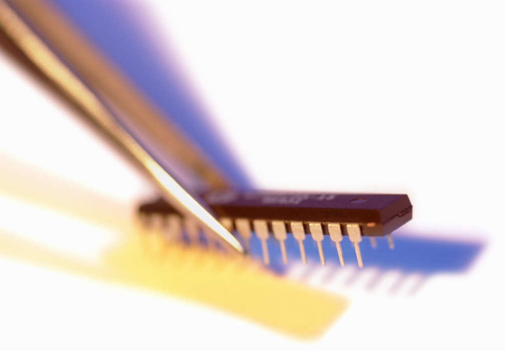 Tweezers Holding Microchip