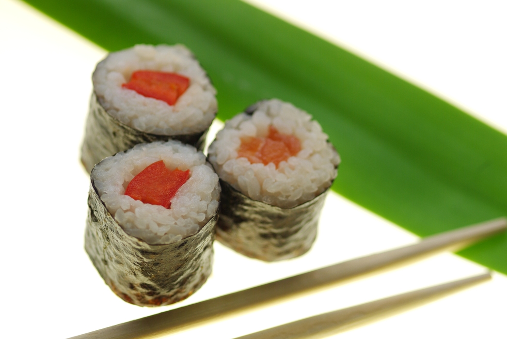 Salmon Sake and Red Pepper Sushi with Chopsticks