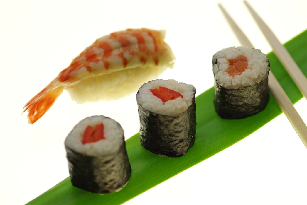 Salmon Sake and Shrimp Sushi with Chopsticks