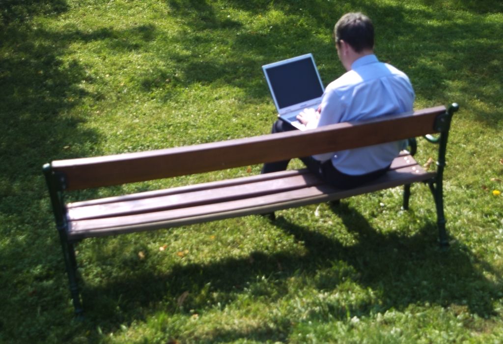 Man Working in the Park on Notebook