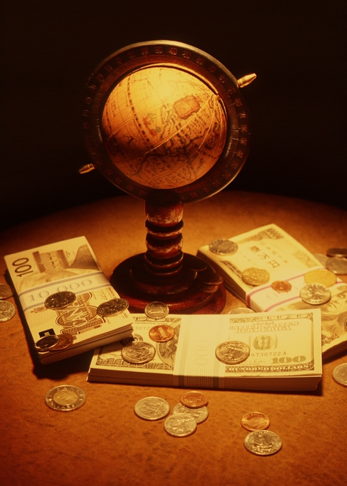 Globe with Stacks Currencies and Coins