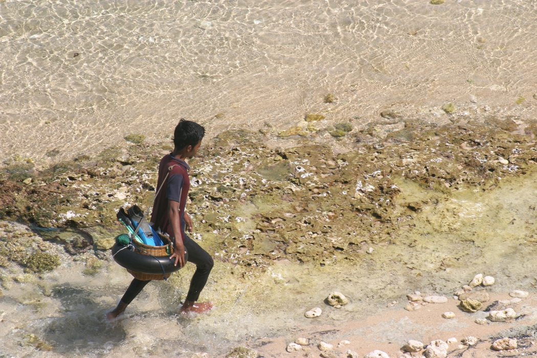 Snorkeler Walking Along The Beach