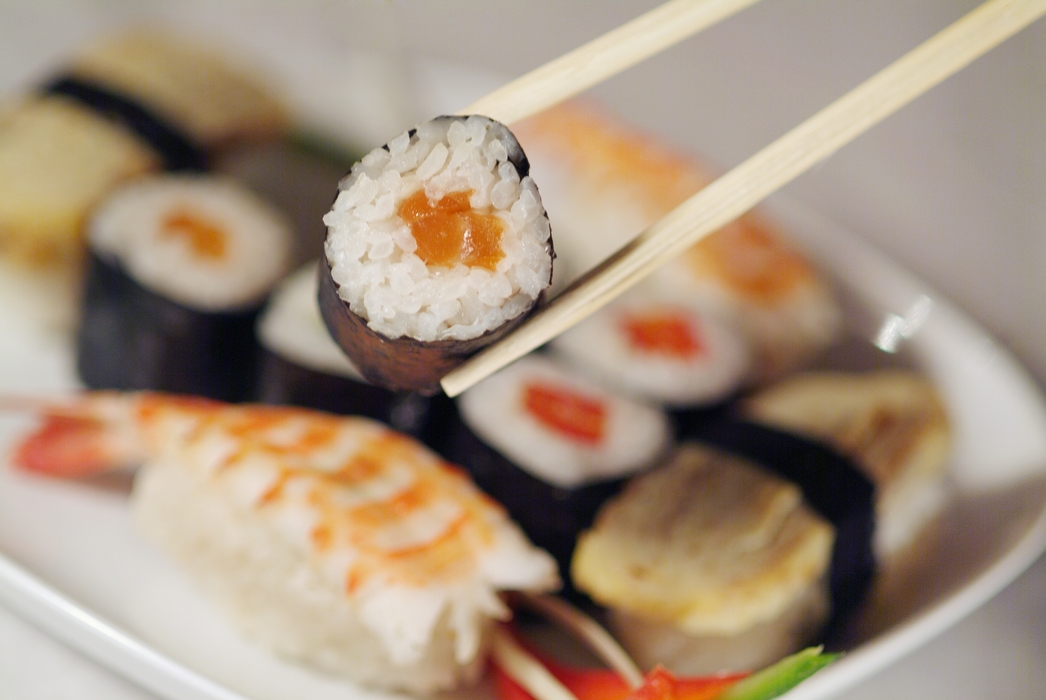 Shrimp, Cucumber, and Salmon Sake Sushi with Chopsticks