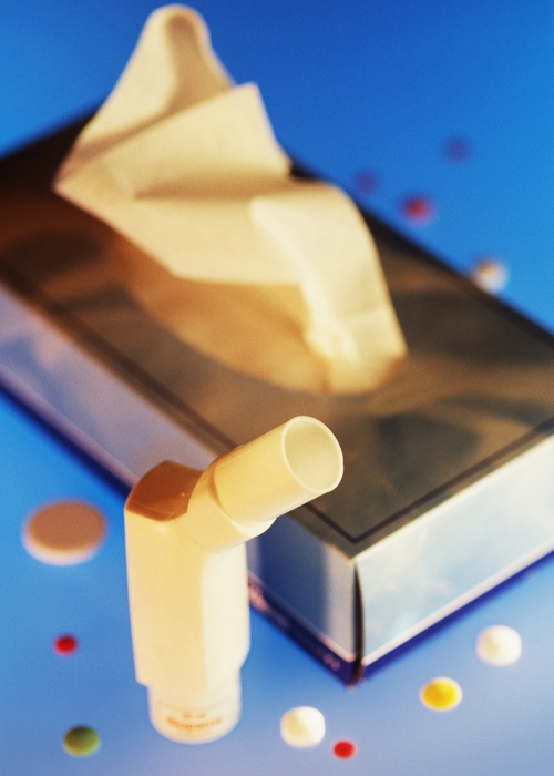 Allergy Medicine Next to An Inhaler, Box of Tissues