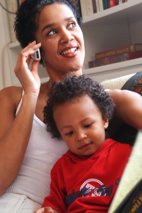 Mother on The Phone While Son Reads