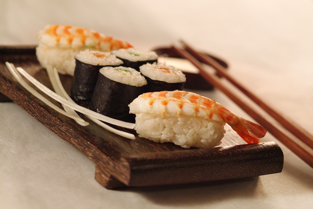 Shrimp, Cucumber, and Red Pepper Sushi with Chopsticks