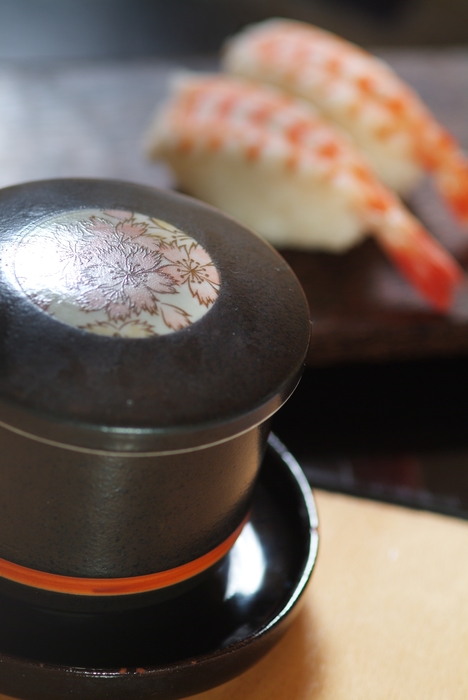 Japanese Tea and Shrimp Ebi Sushi