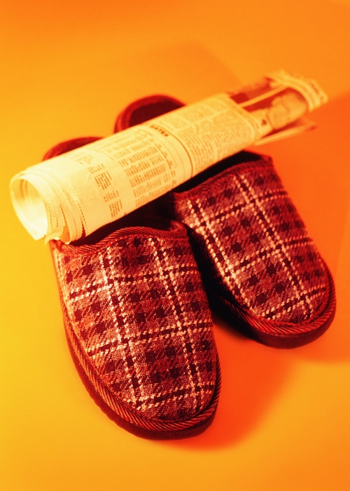 Pair of Man's Slippers and a Rolled Newspaper
