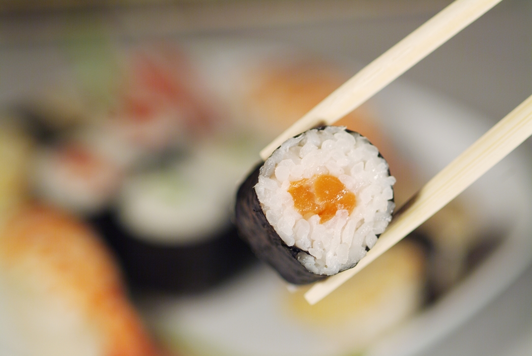 Salmon Sake Sushi with Chopsticks