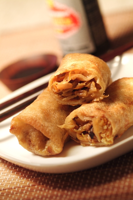 Spring Rolls with Chopsticks and Soya Sauce