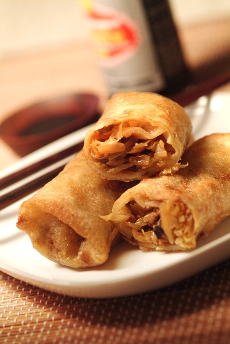 Spring Rolls with Chopsticks and Soya Sauce