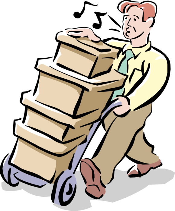 Vector Illustration of Office Shipping Clerk Whistles and Delivers Boxes on Industrial Hand Truck