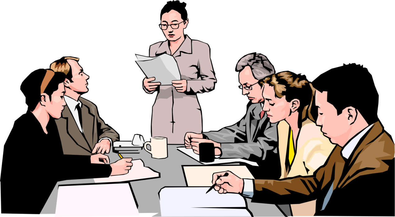 Vector Illustration of Business Associate Presents Report to Meeting Attendees