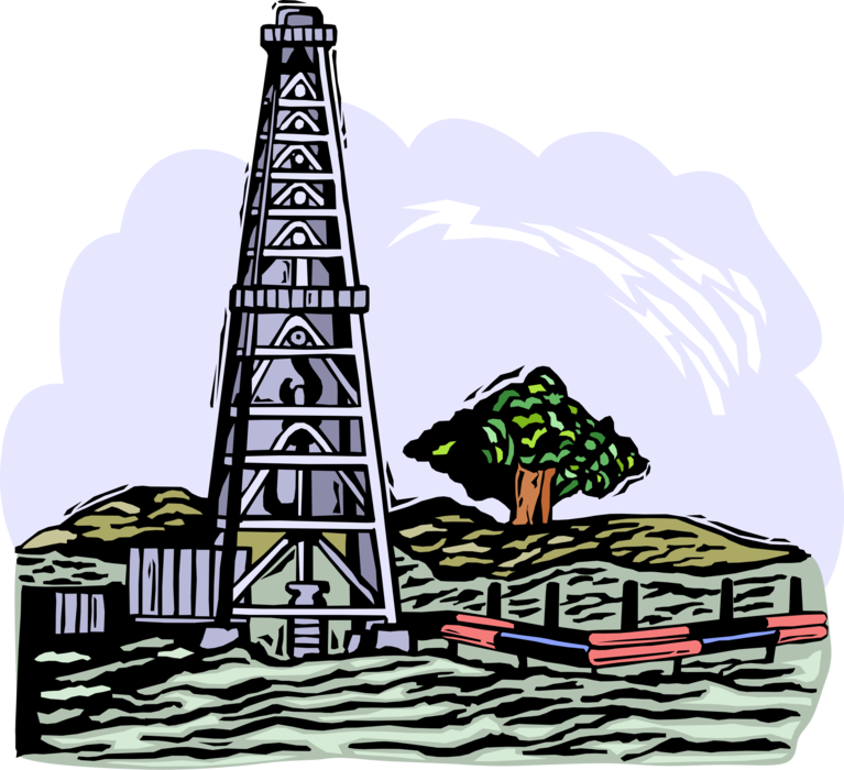Vector Illustration of Fossil Fuel Petroleum and Gas Industry Oil Well Oil Drilling Platform Derrick and Pipeline