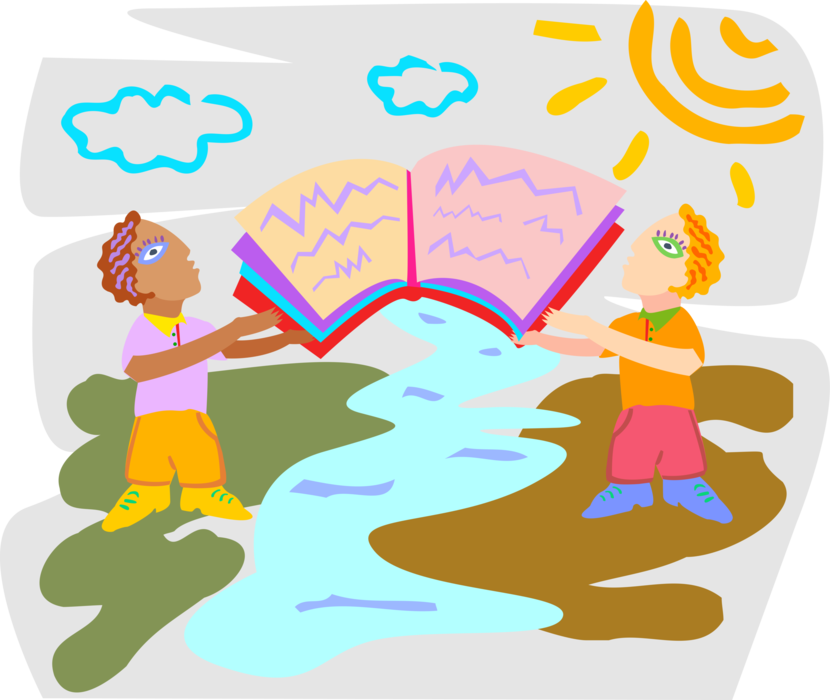 Vector Illustration of Human Figures Holding Common Book that Bridges Divide