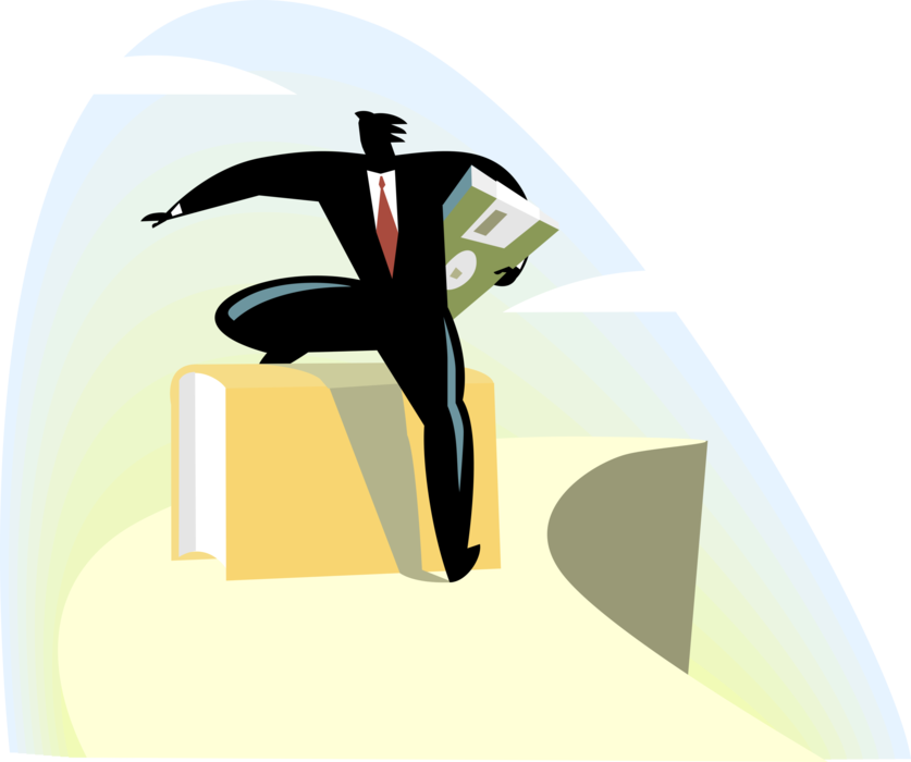 Vector Illustration of Businessman Hurdles over Old Technology Book with Digital Media Diskette