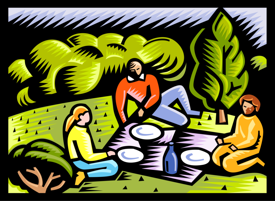 Vector Illustration of Outdoor Summer Picnic on Blanket in Park with Trees