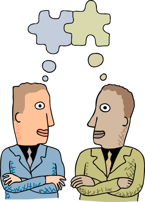 Vector Illustration of Two Businessmen Contemplate Putting the Pieces Together