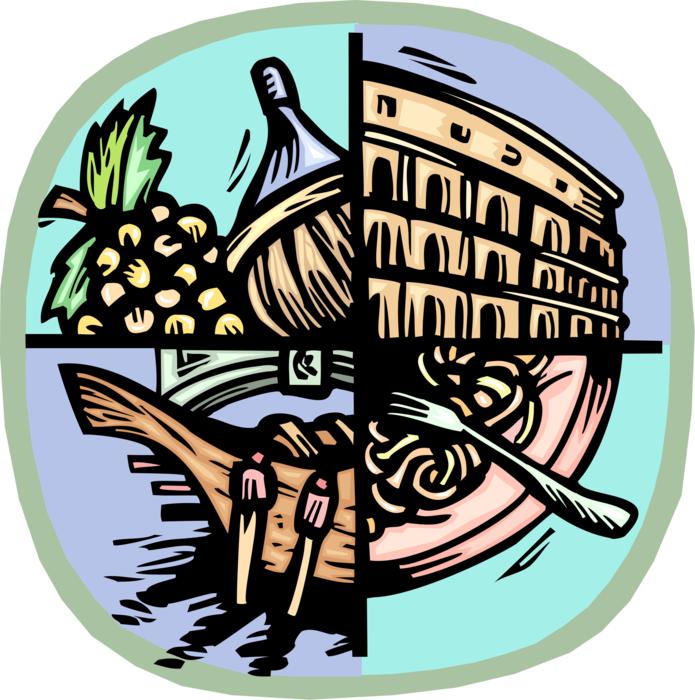 Vector Illustration of Italian Grapes with Wine, the Coliseum in Rome, Pasta and Venetian Gondolas 