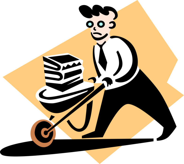 Vector Illustration of Businessman with Wheelbarrow Full of Work