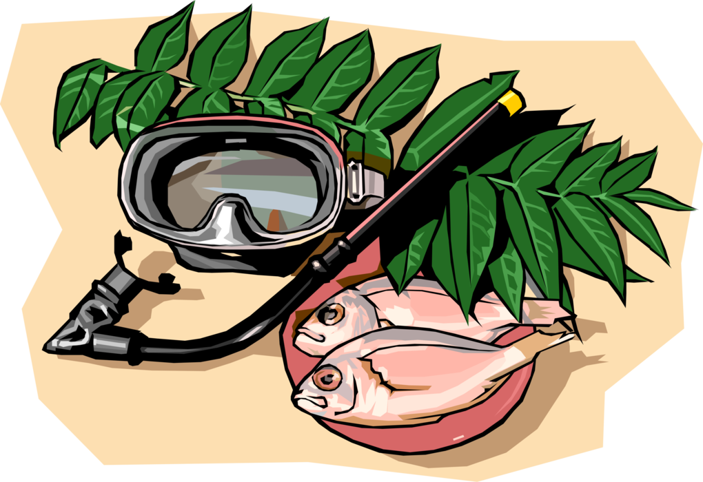 Vector Illustration of Snorkel and Diving Mask with Fresh Fish for Dinner