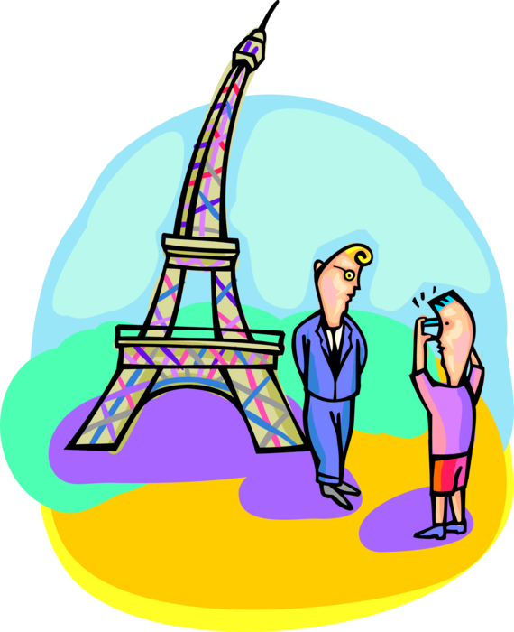 Vector Illustration of Tourists on Vacation at Eiffel Tower Take Photos with Camera