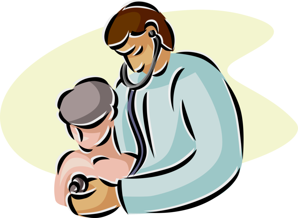 Vector Illustration of Health Care Professional Doctor Physician with Young Patient Listens to Heart with Stethoscope