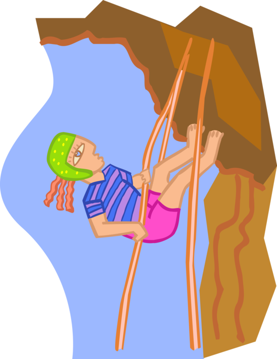 Vector Illustration of Mountaineering Rock Climber Scales Vertical Rock Face with Climbing Ropes