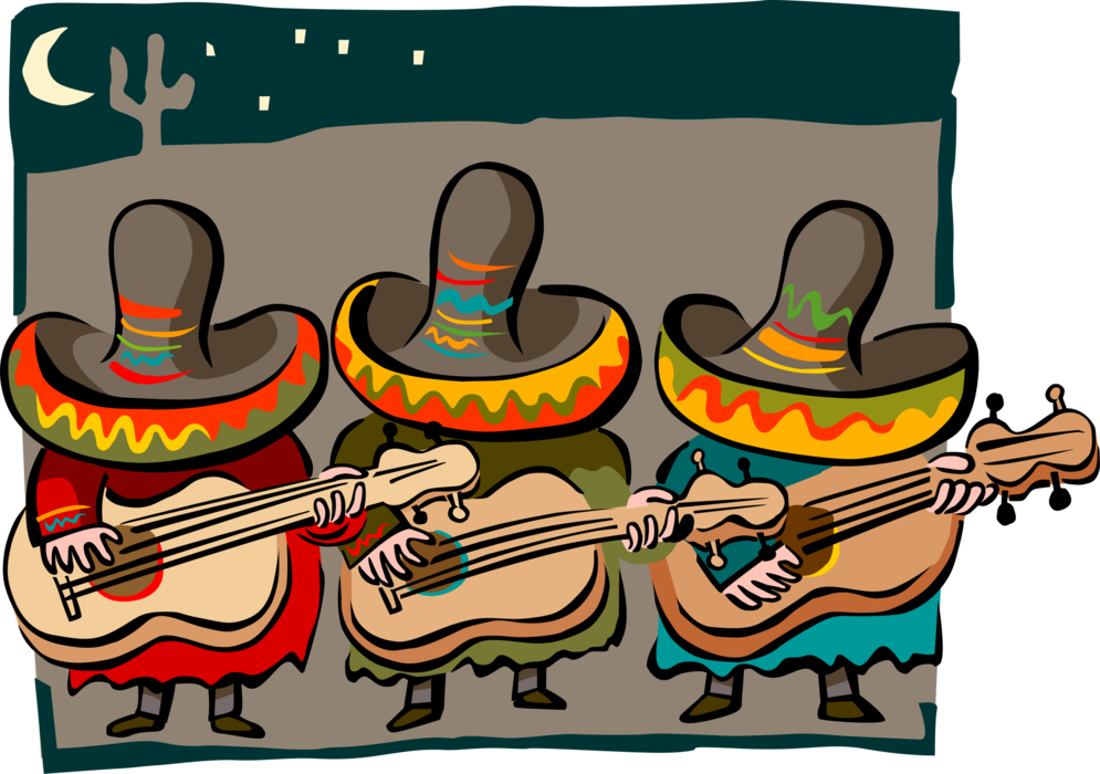 Vector Illustration of Three Mexican Musicians with Sombreros and Acoustic Guitars