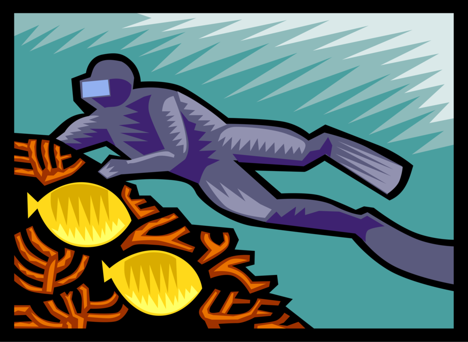 Vector Illustration of Scuba Diver Diving Coral Reef with Tropical Fish