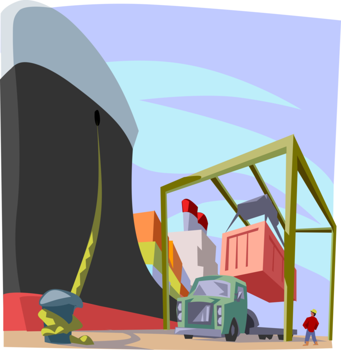 Vector Illustration of Cargo Ship Loaded at Port Terminal Dock with Containers Delivered by Transport Truck
