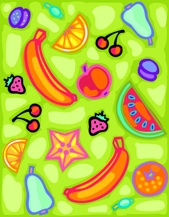 Vector Illustration of Modern Fruit Design with Bananas, Citrus, Cherries and Strawberries