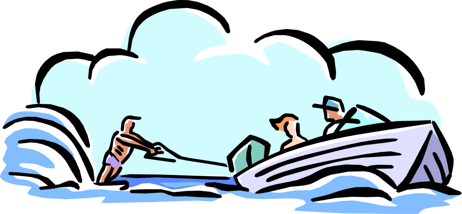 Vector Illustration of Water Skiing Boat with Water Skier Towed on Water