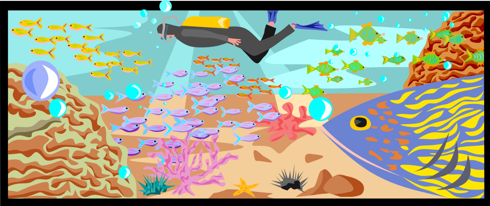 Vector Illustration of Scuba Diver Enjoys Diving with Schools of Tropical Fish at Underwater Coral Reef